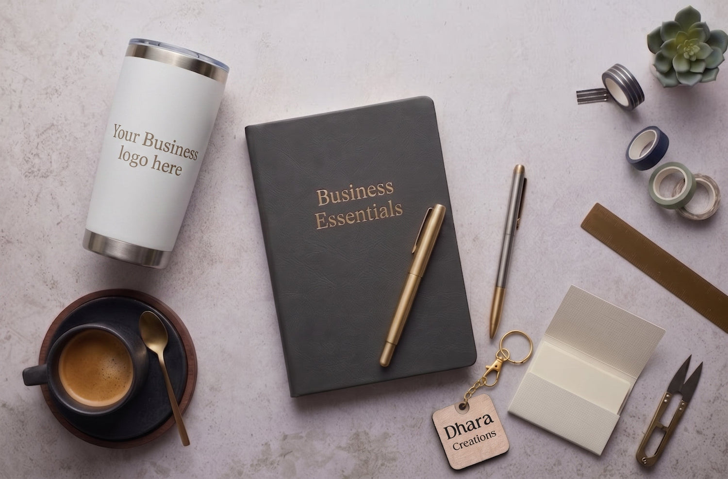 Business Essentials collection - desk flat-lay with engraved stationery and accessories