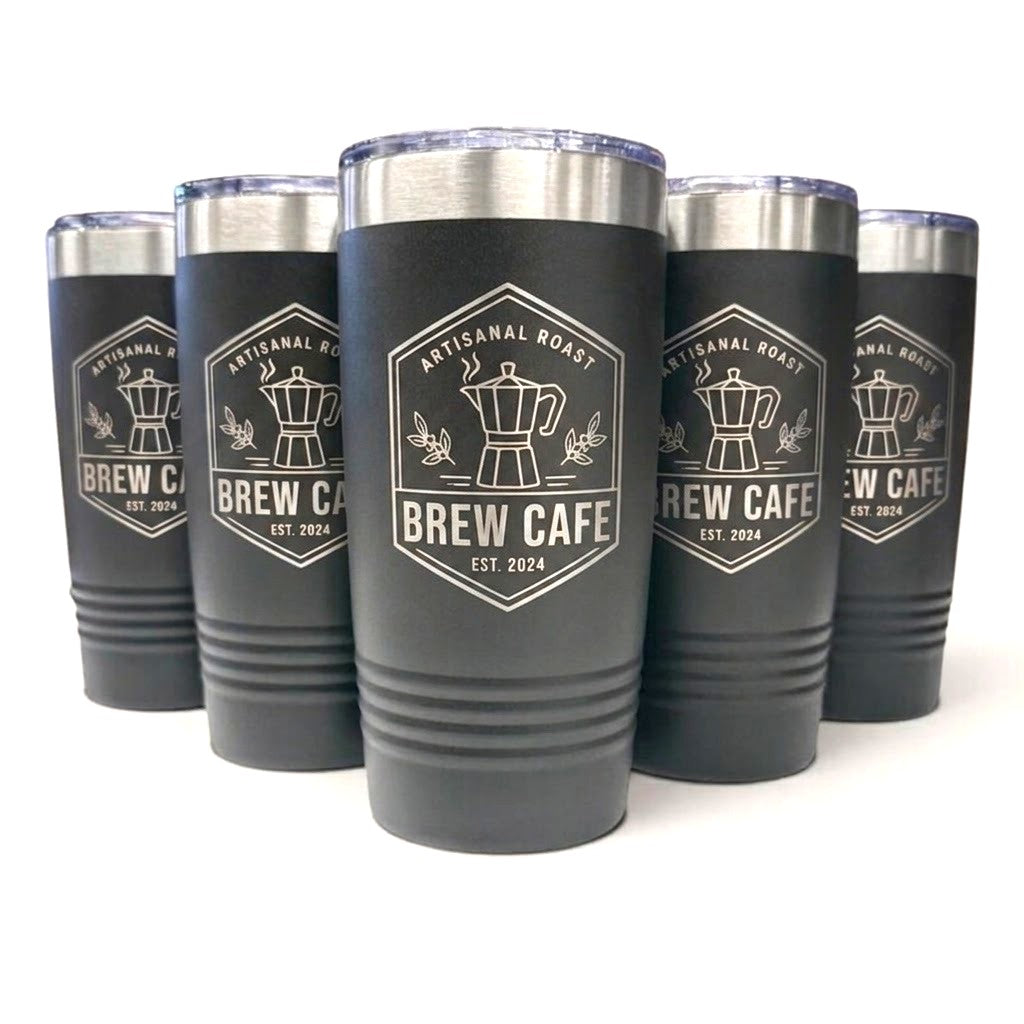 Five matte black insulated tumblers with clear lids and a silver stainless steel rim, arranged in a fan shape. The center tumbler is in front, and all feature an engraved white shield logo with a coffee pot illustration and the text 'Artisanal Roast Brew Cafe Est.coffeshopbrandlogotumbler