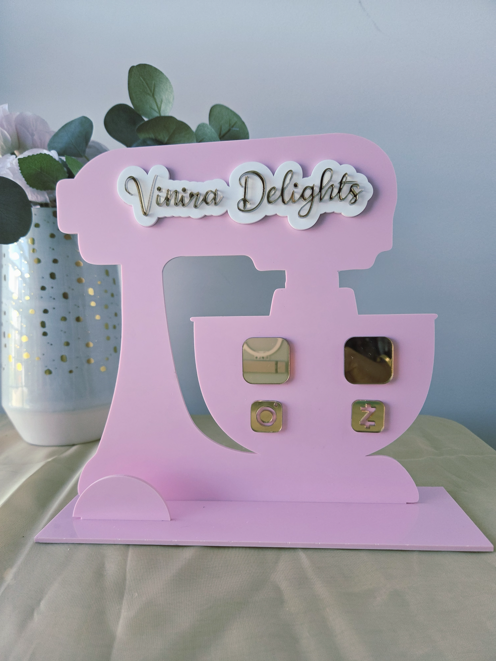 Pink painted QR sign stand shaped like a stand mixer for Vinira Delights